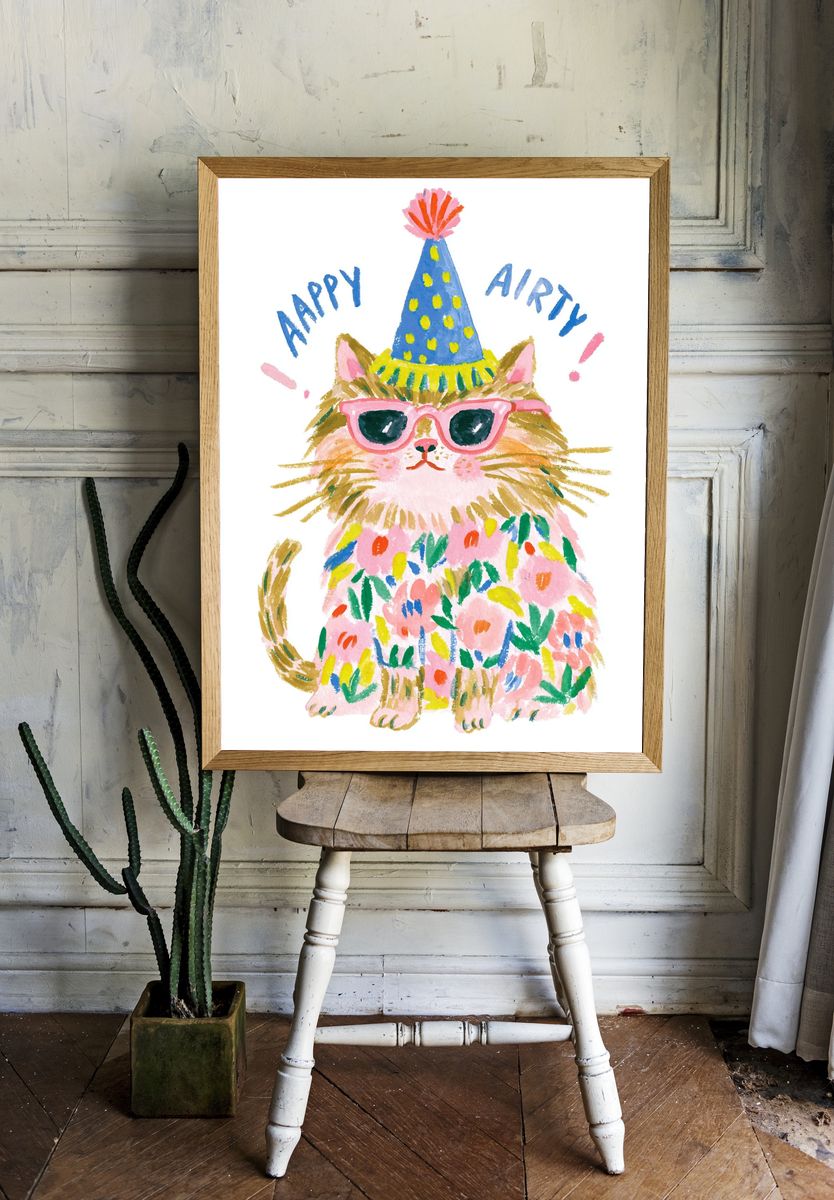 Party Cat Watercolor Print. — room view 1