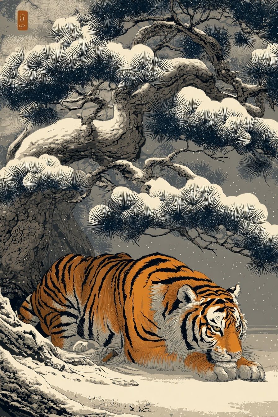 Snow Tiger Japanese Illustration Poster. poster — animals art