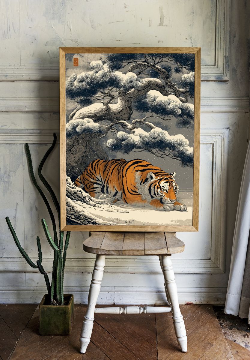 Snow Tiger Japanese Illustration Poster room preview