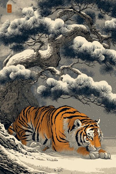 Snow Tiger Japanese Illustration Poster