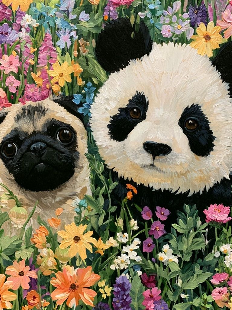 Panda and Pug Floral Illustration Poster. poster — animals art