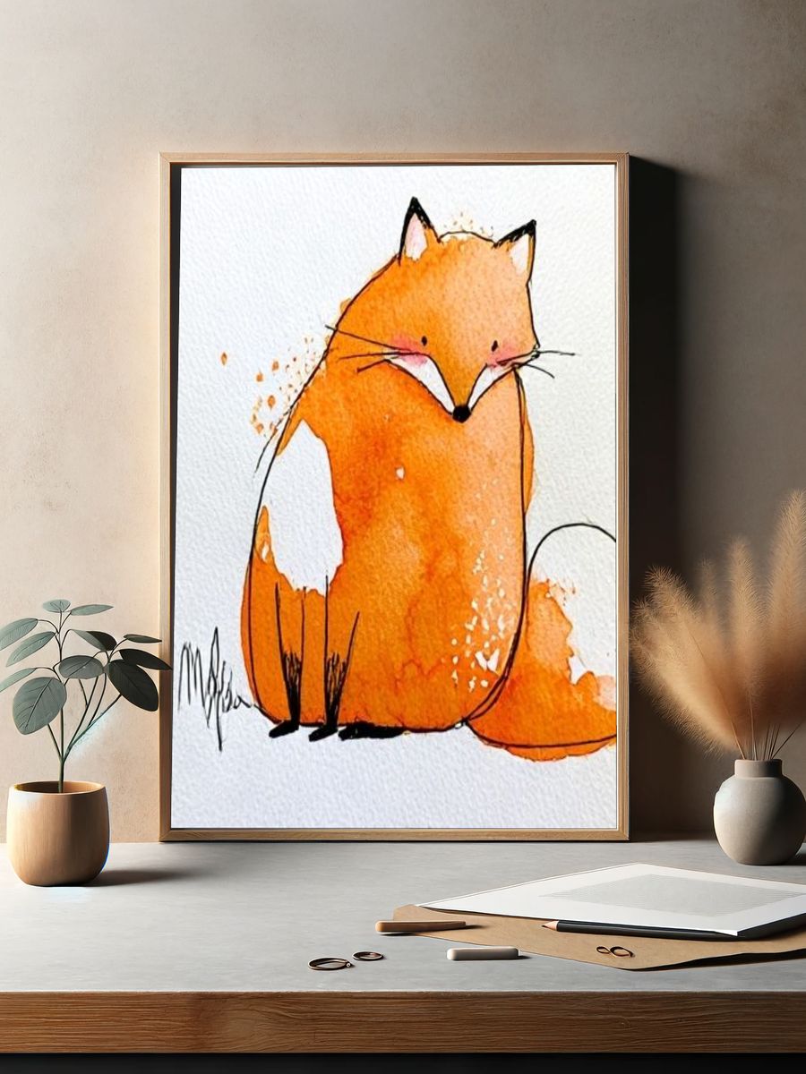 Orange Fox Watercolor Poster. — room view 2