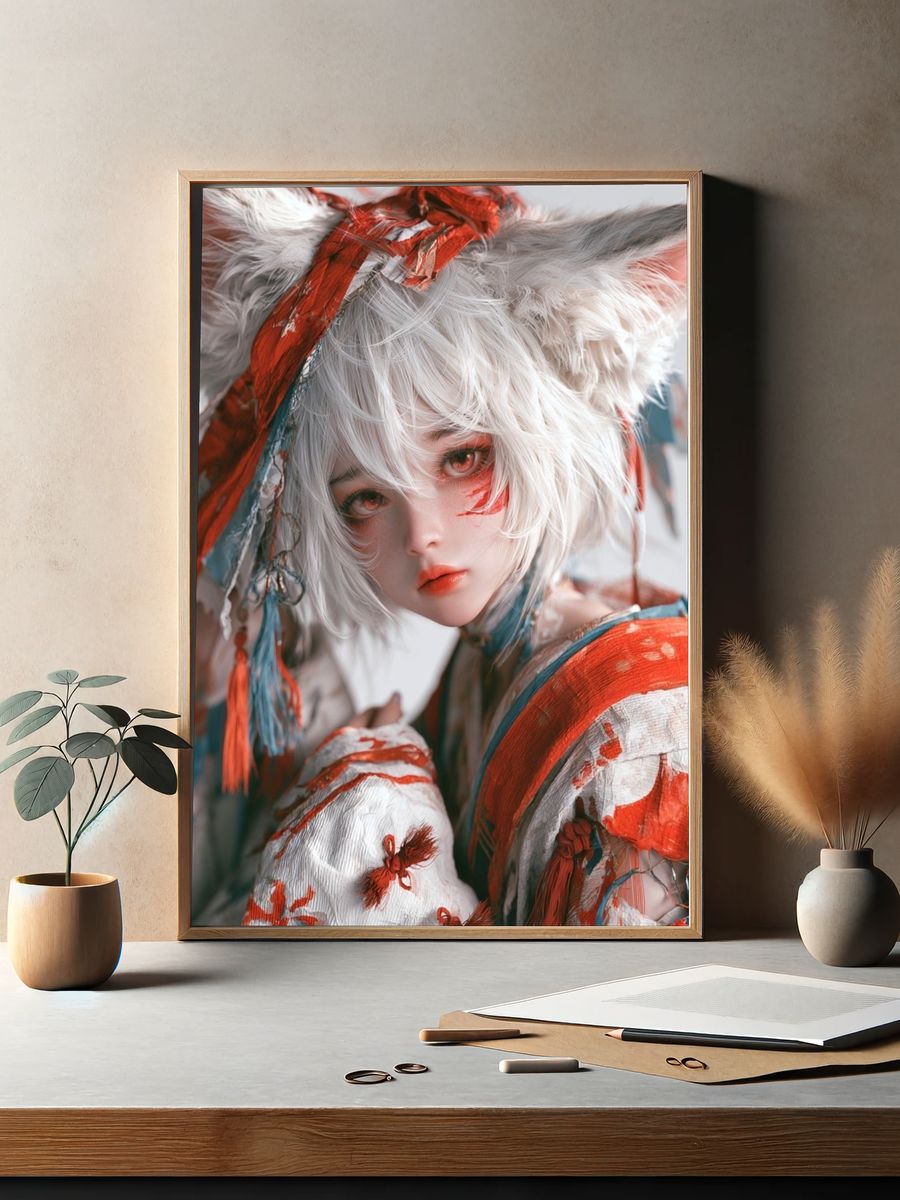 White Fox Girl Digital Art Print. — room view 2