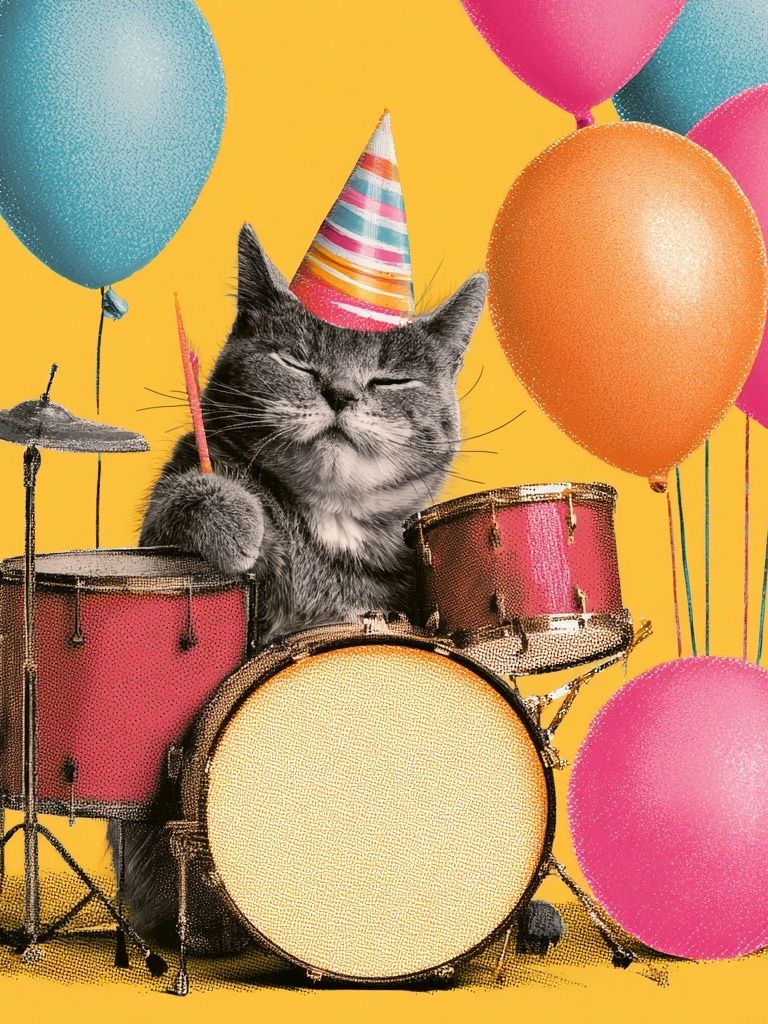 Party Cat Drummer Illustration Poster. poster detail