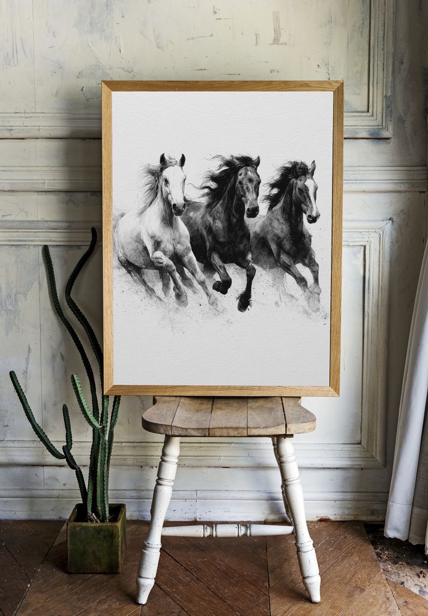 Galloping Horses Ink Poster. — room view 1