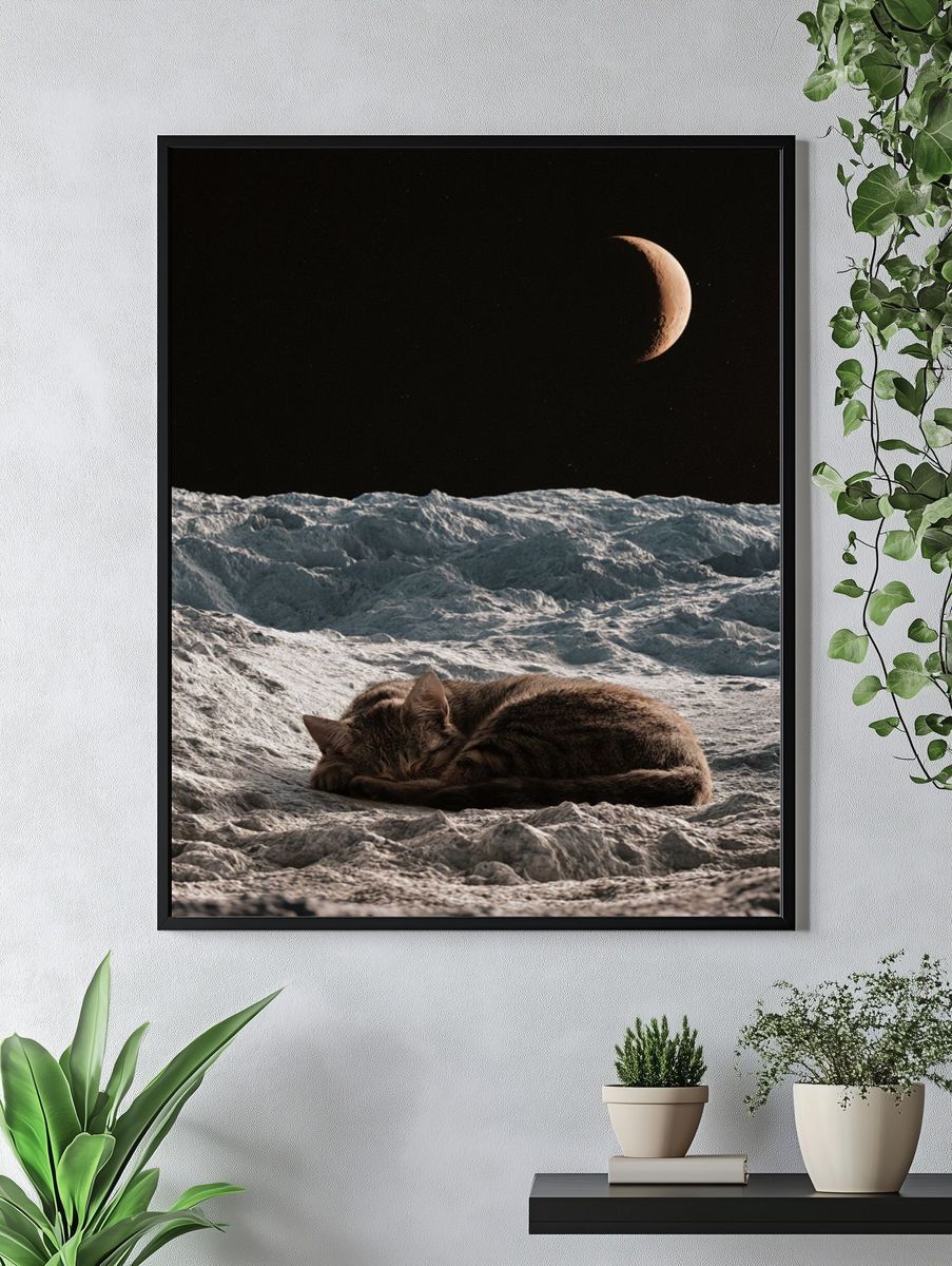 Sleeping Cat on Moon — Surreal Print. — room view 4