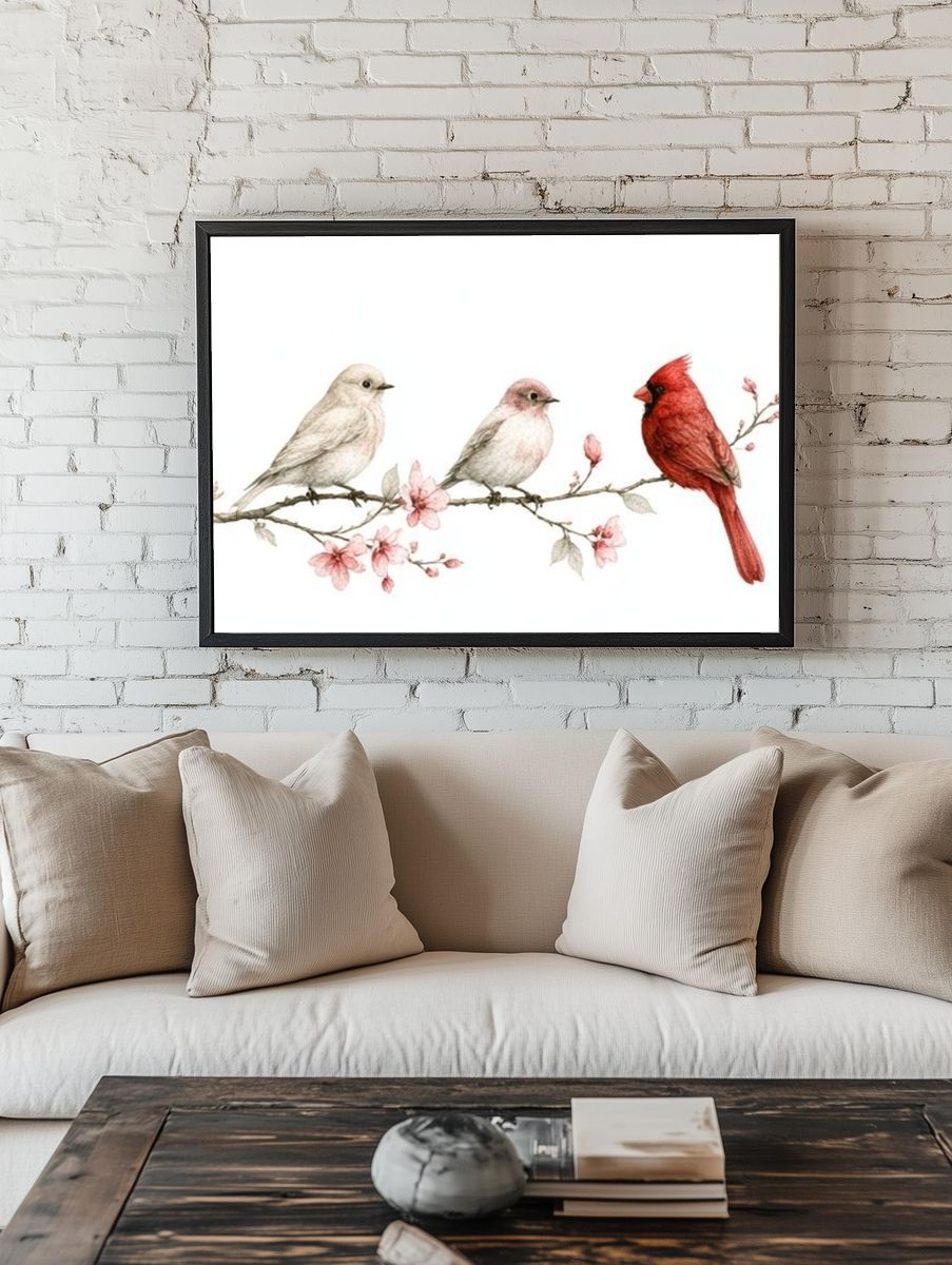 Birds on Blossom Branch Illustration Poster. — room view 1