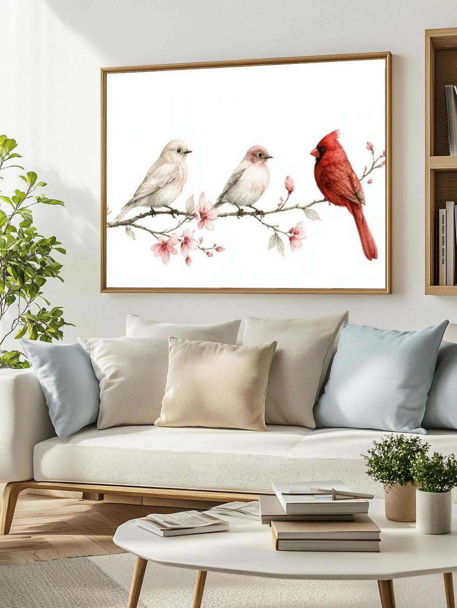 Birds on Blossom Branch Illustration Poster. — room view 2