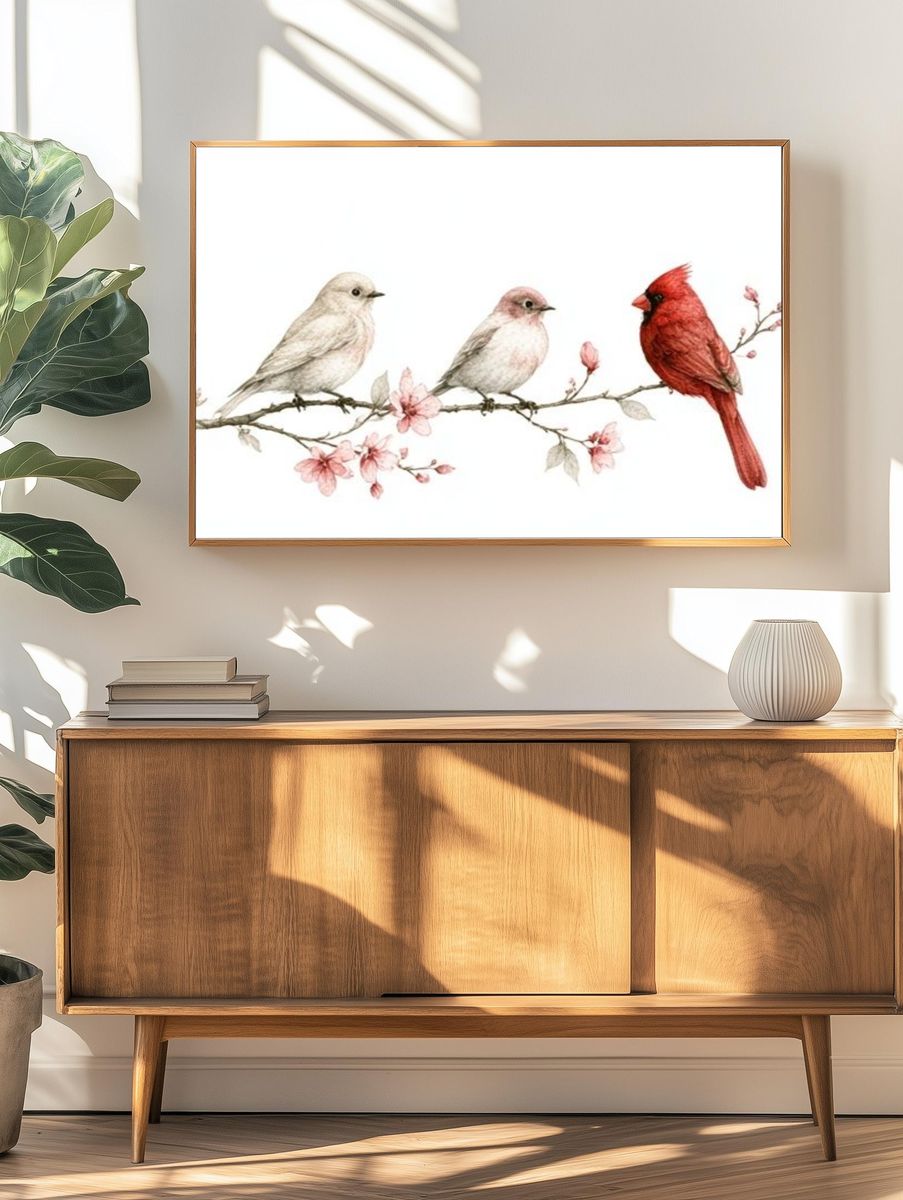 Birds on Blossom Branch Illustration Poster. — room view 3
