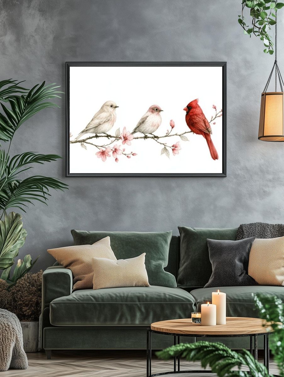 Birds on Blossom Branch Illustration Poster. — room view 4