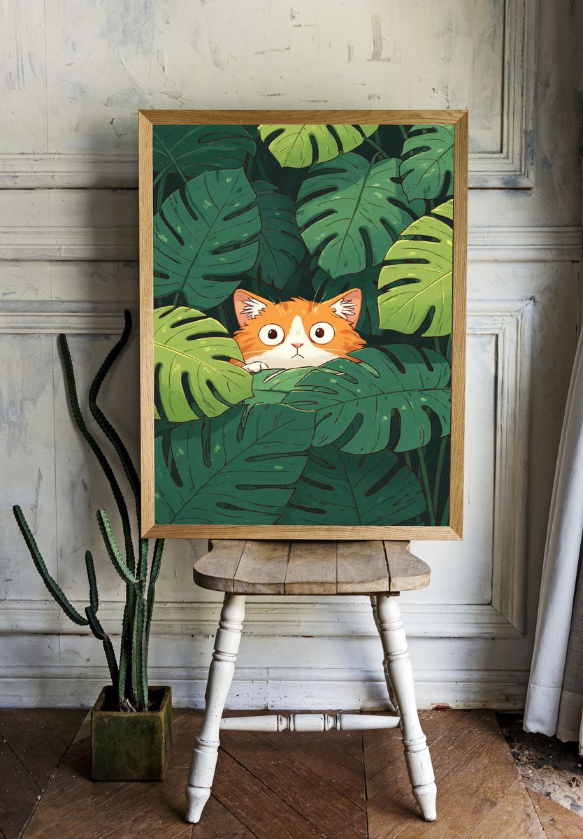 Curious Cat in Jungle Leaves Poster. — room view 1