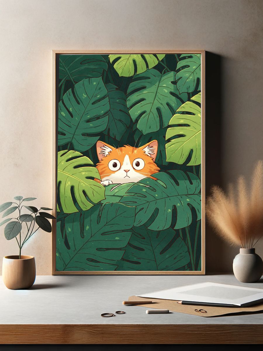 Curious Cat in Jungle Leaves Poster. — room view 2