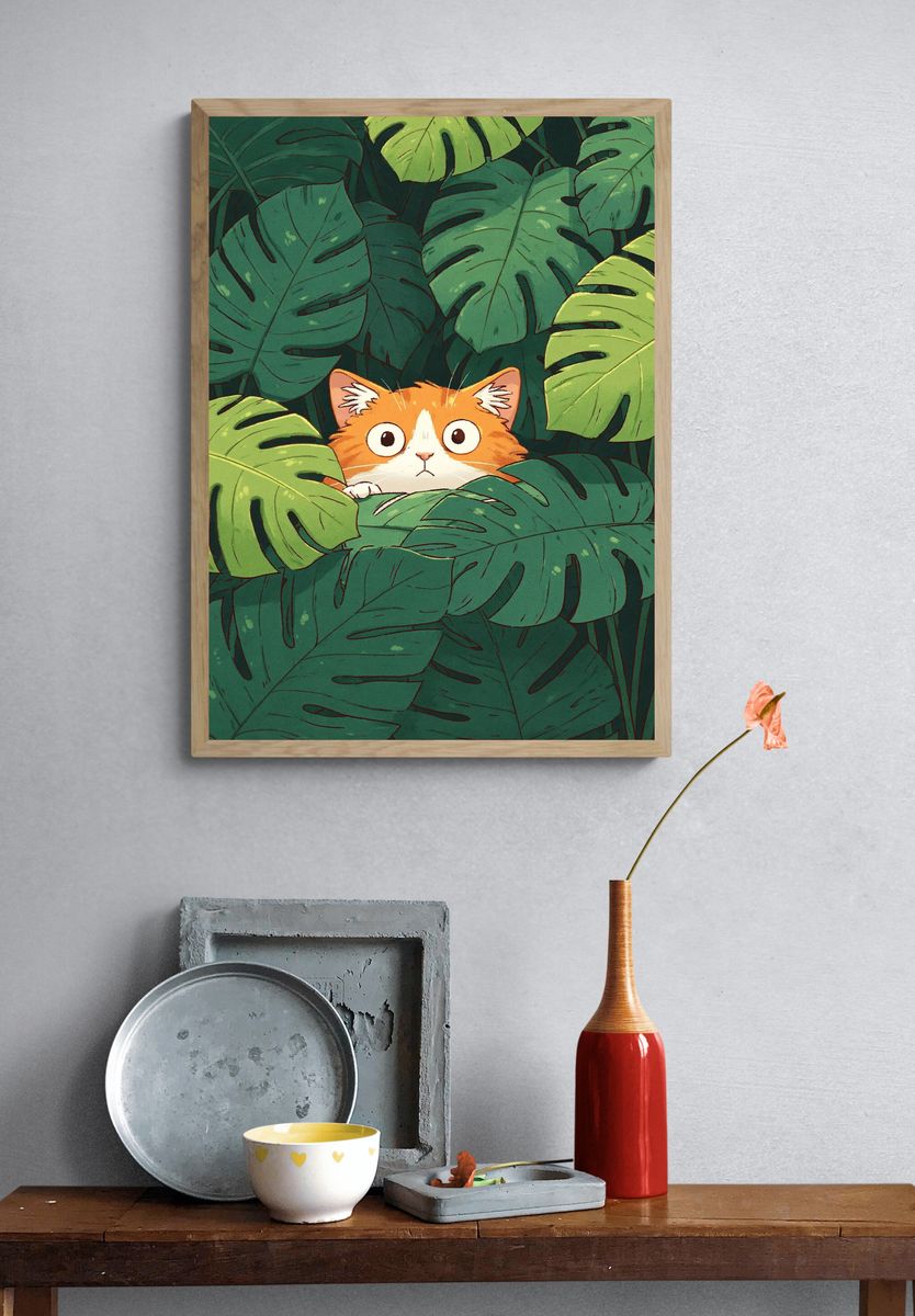 Curious Cat in Jungle Leaves Poster. — room view 3