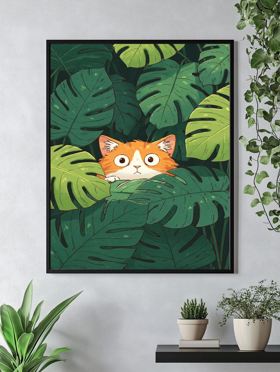 Curious Cat in Jungle Leaves Poster. — room view 4