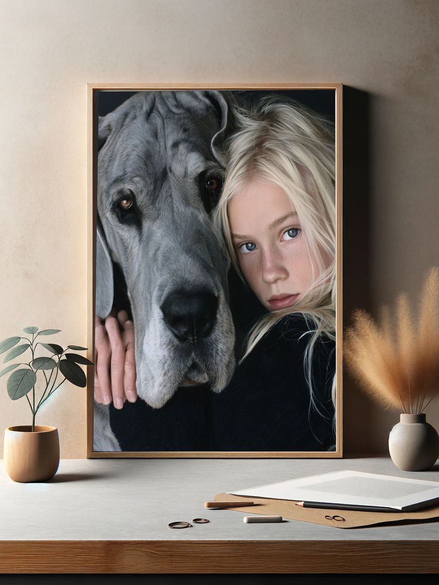 Girl and Great Dane Portrait Print. — room view 2