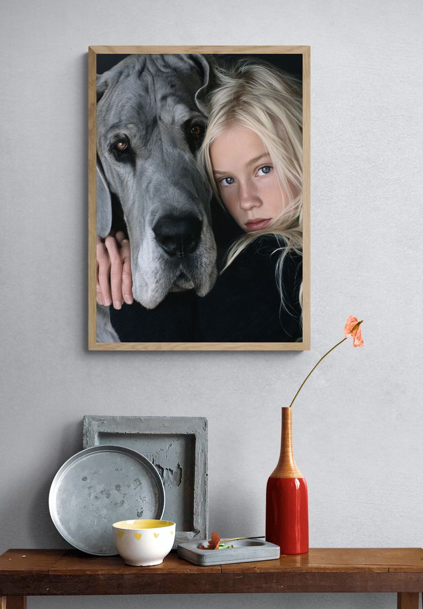 Girl and Great Dane Portrait Print. — room view 3