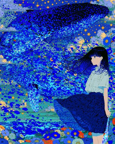 Whale and Girl Dreamscape Print. poster