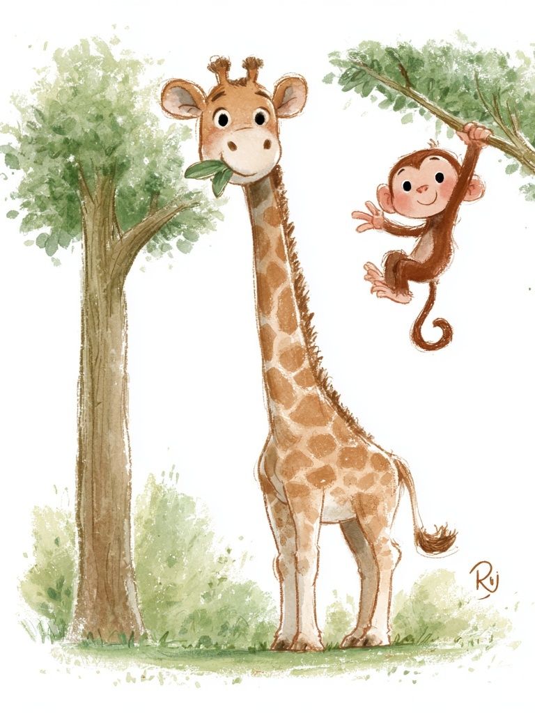 Giraffe and Monkey Watercolor Poster. poster detail