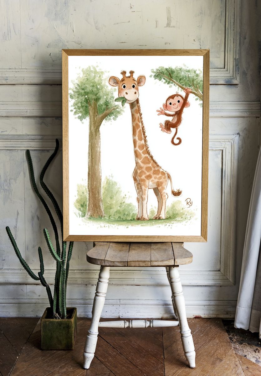 Giraffe and Monkey Watercolor Poster. room preview