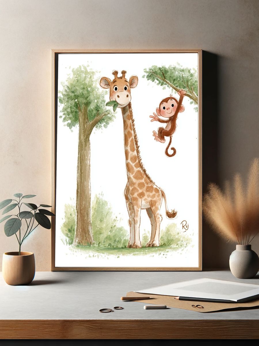 Giraffe and Monkey Watercolor Poster. — room view 2