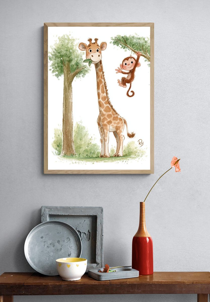 Giraffe and Monkey Watercolor Poster. — room view 3