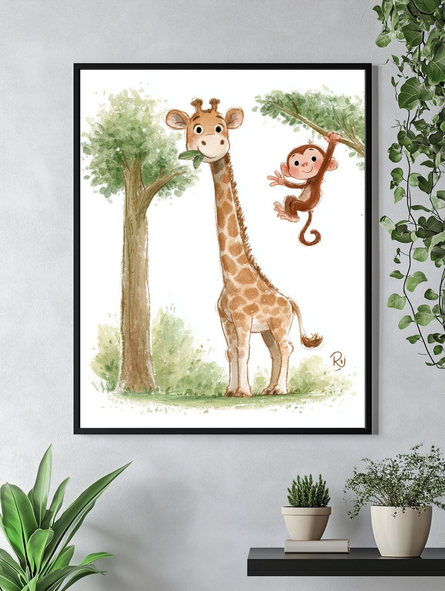 Giraffe and Monkey Watercolor Poster. — room view 4