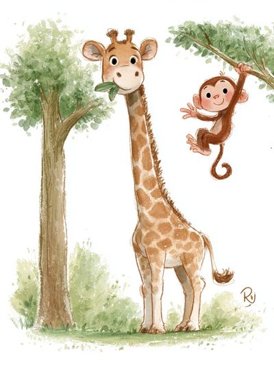 Giraffe and Monkey Watercolor Poster. poster