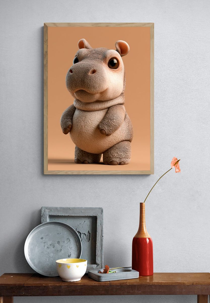 Cute Hippo 3D Illustration Poster. — room view 3