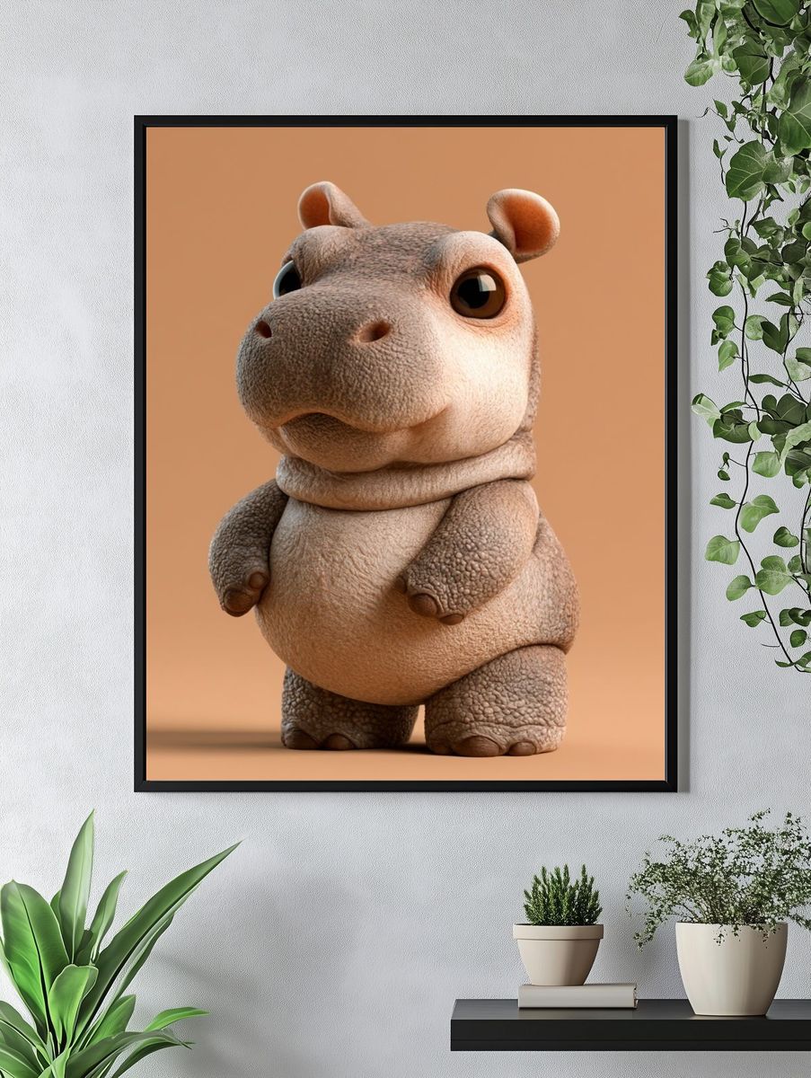 Cute Hippo 3D Illustration Poster. — room view 4