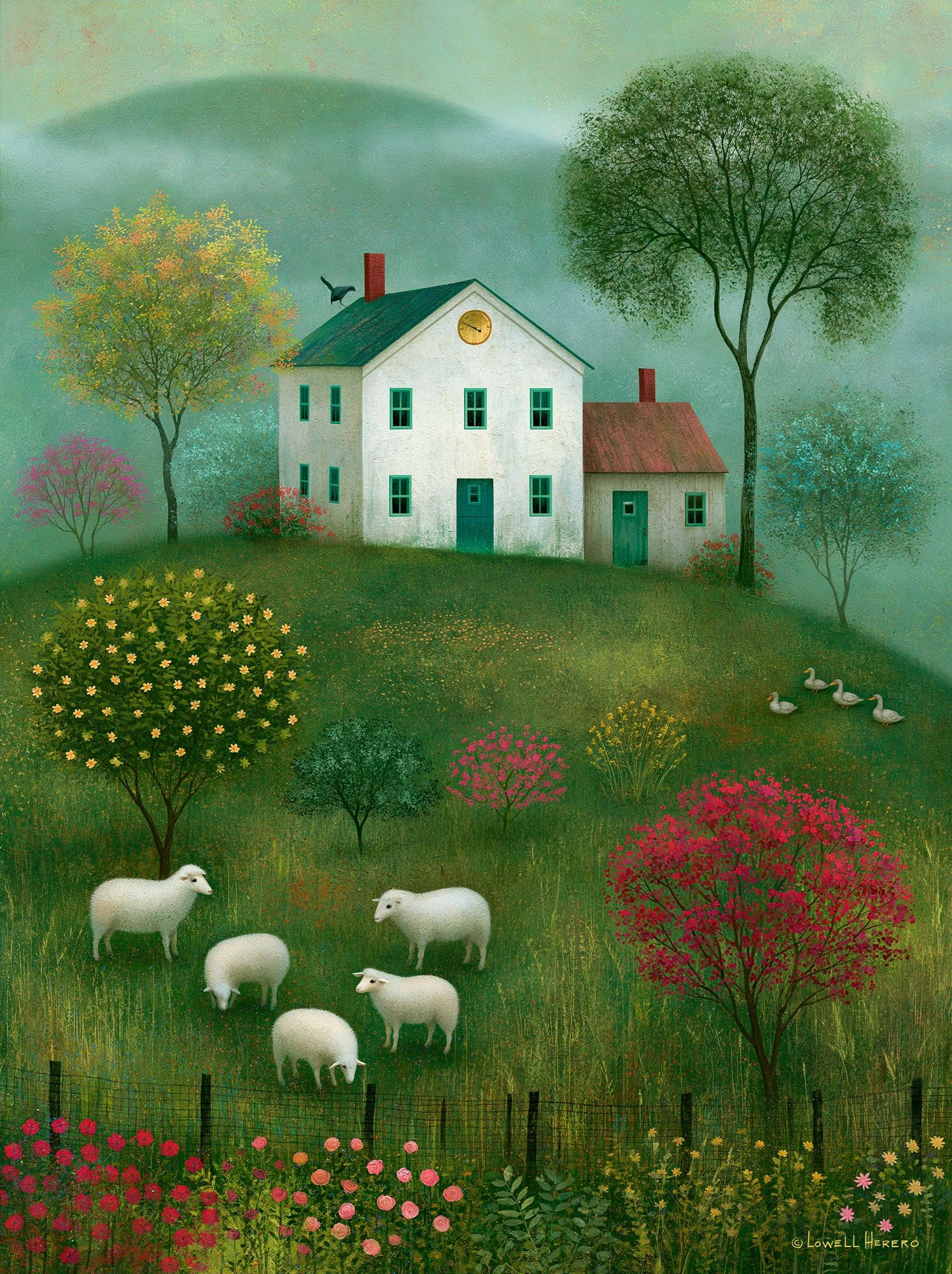 Pastoral Sheep Meadow Illustration Poster. poster detail