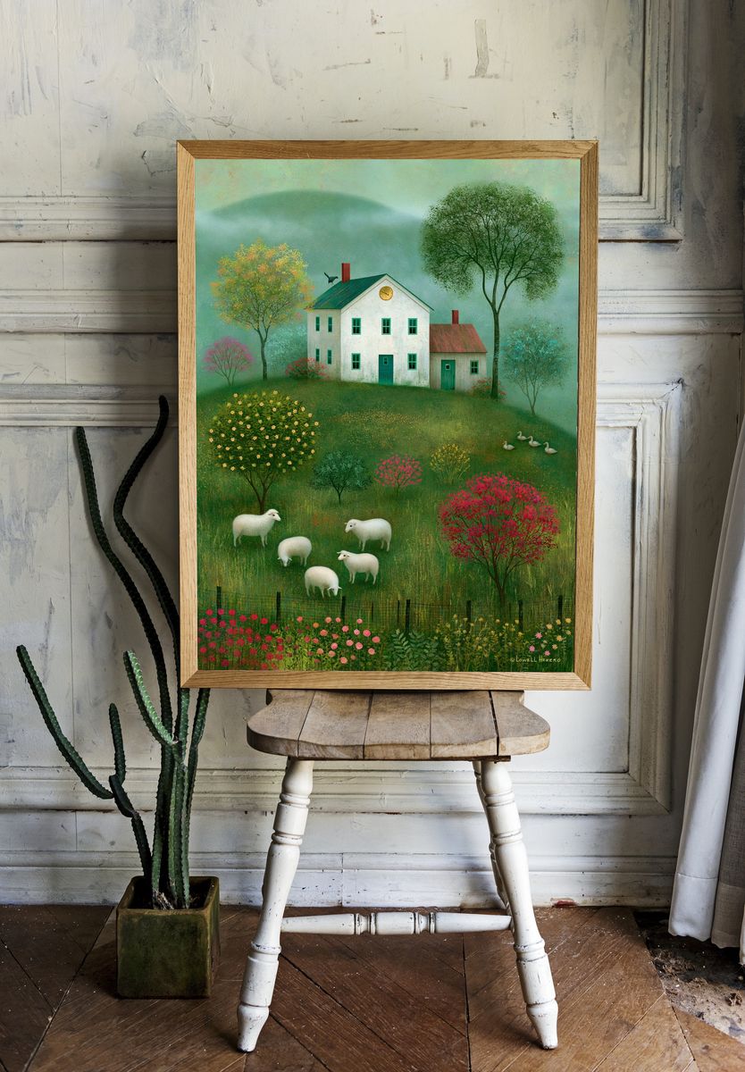 Pastoral Sheep Meadow Illustration Poster. — room view 1