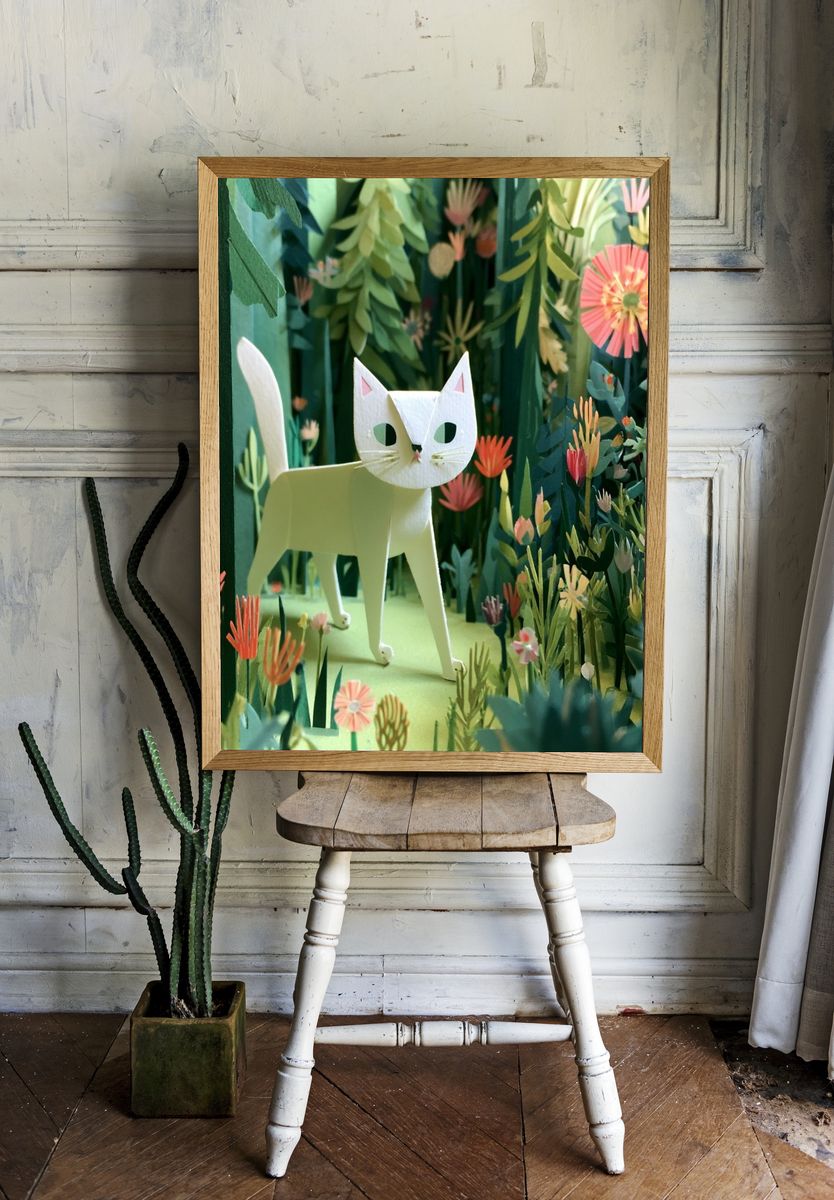 Paper Cat in Floral Forest Poster. — room view 1