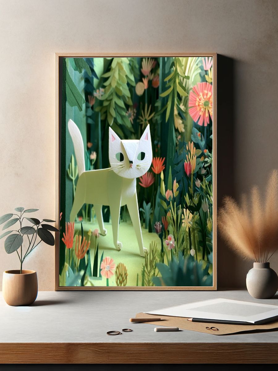 Paper Cat in Floral Forest Poster. — room view 2
