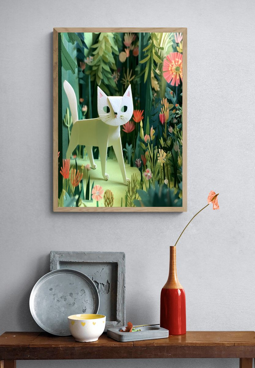 Paper Cat in Floral Forest Poster. — room view 3