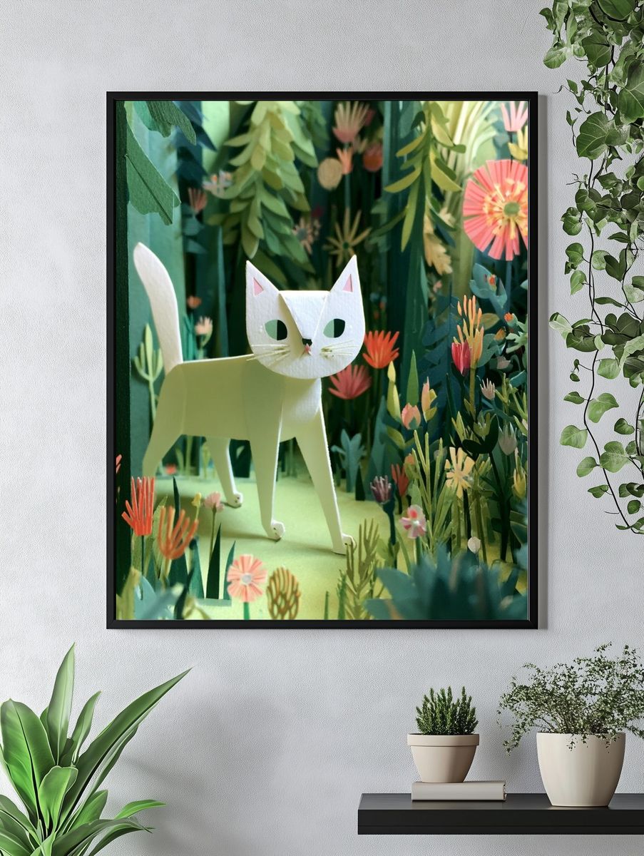 Paper Cat in Floral Forest Poster. — room view 4