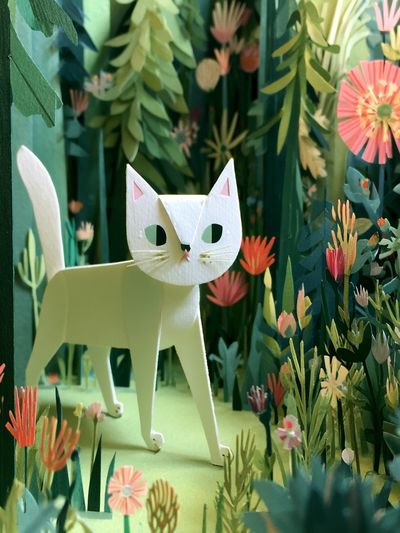 Paper Cat in Floral Forest Poster. poster