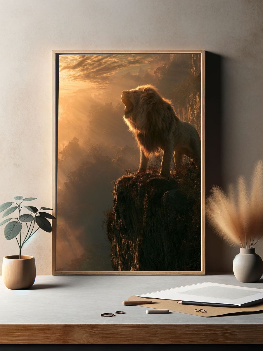Majestic Lion at Sunrise Poster. — room view 2