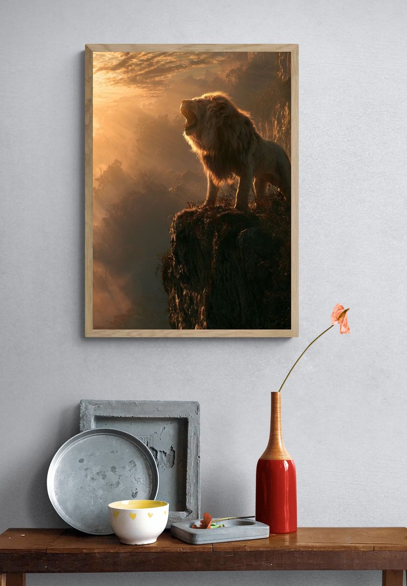 Majestic Lion at Sunrise Poster. — room view 3