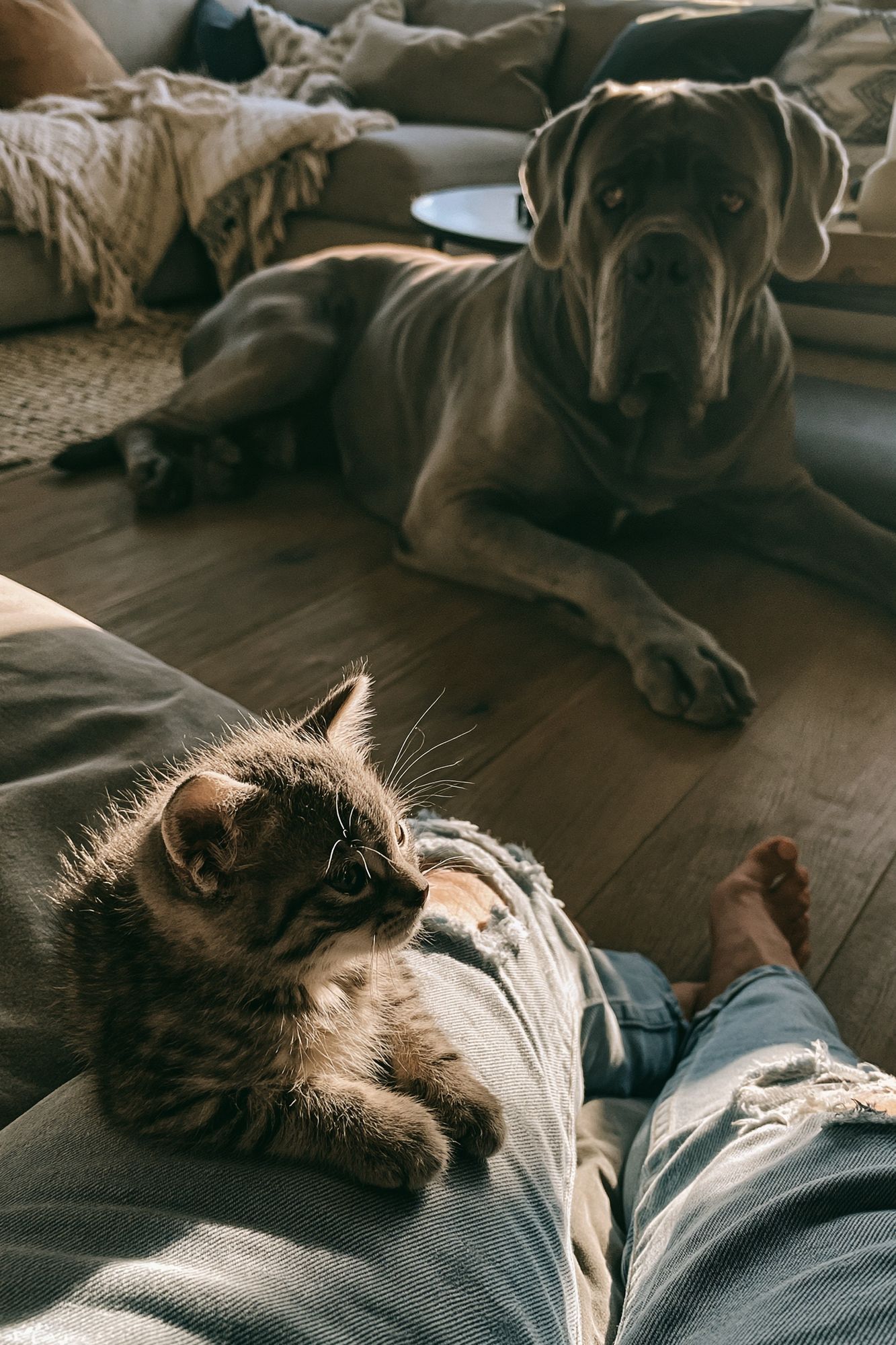 Cozy Cat and Dog Living Room Poster. poster detail