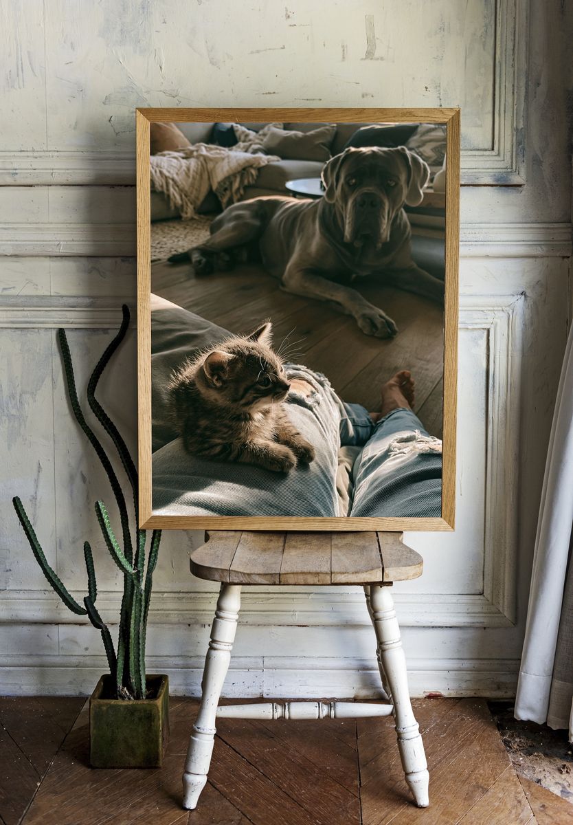 Cozy Cat and Dog Living Room Poster. — room view 1