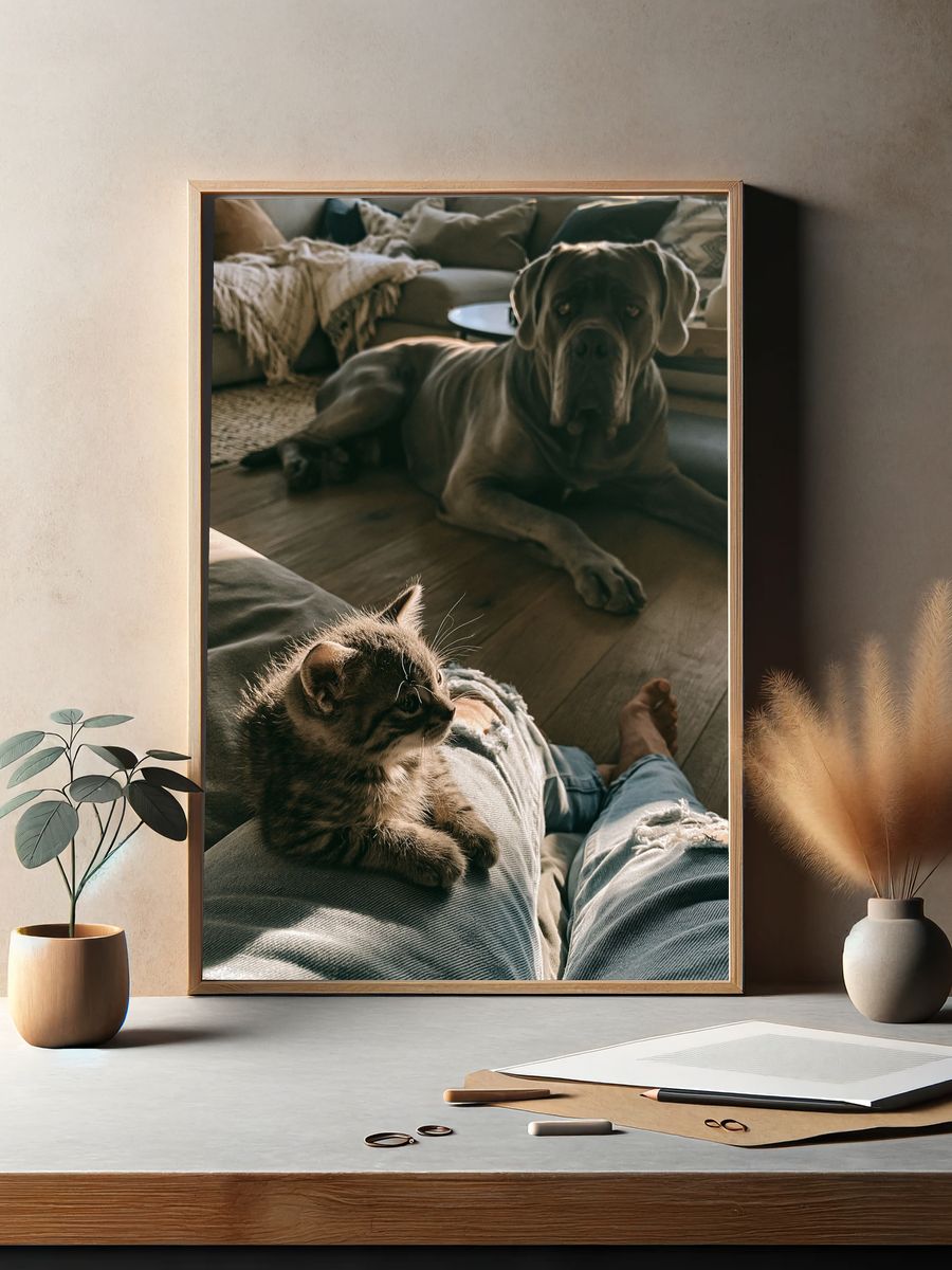 Cozy Cat and Dog Living Room Poster. — room view 2