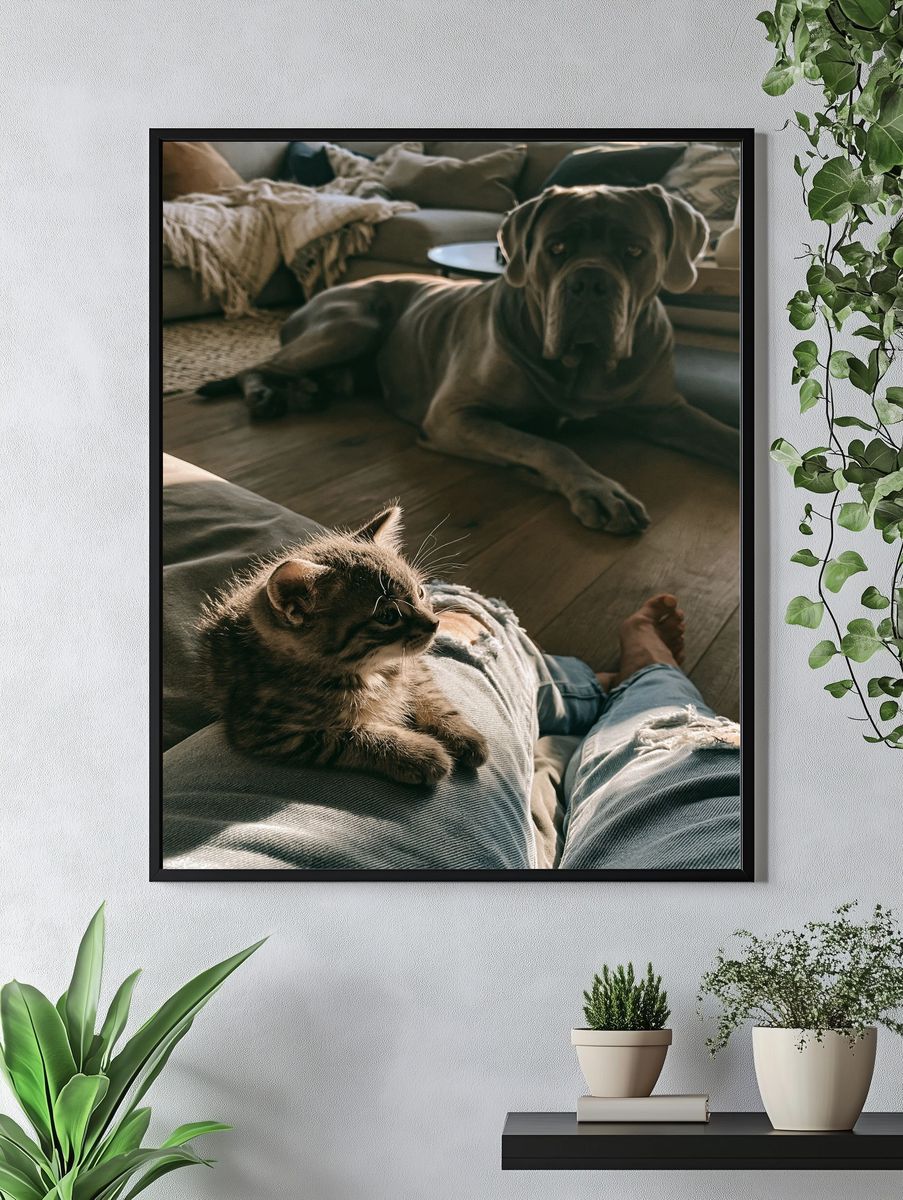 Cozy Cat and Dog Living Room Poster. — room view 4