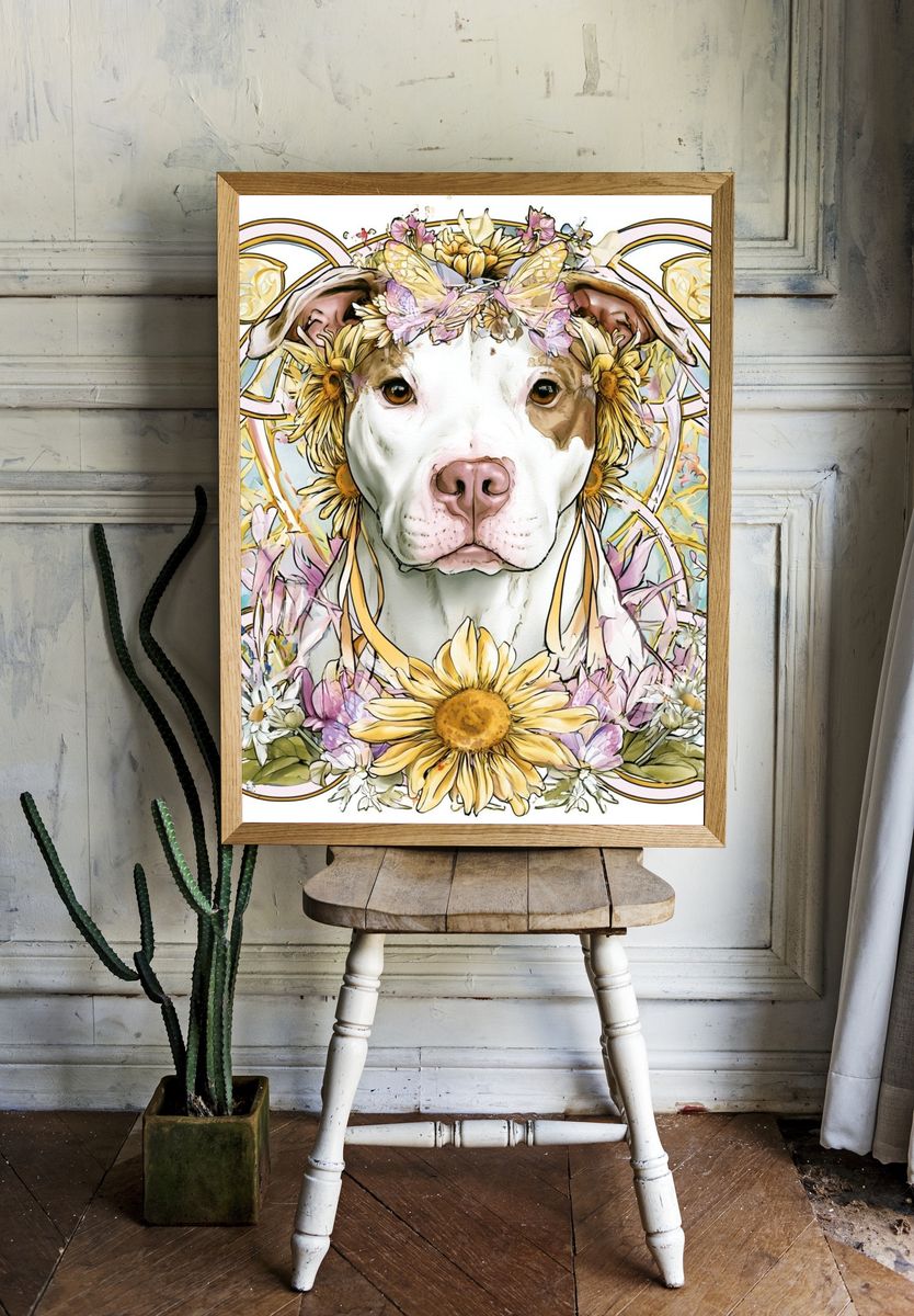 Floral Pit Bull Illustration Poster. — room view 1