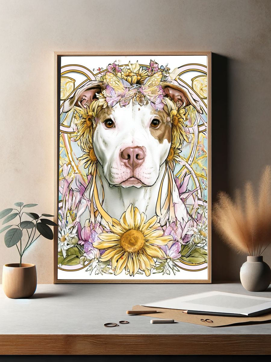 Floral Pit Bull Illustration Poster. — room view 2