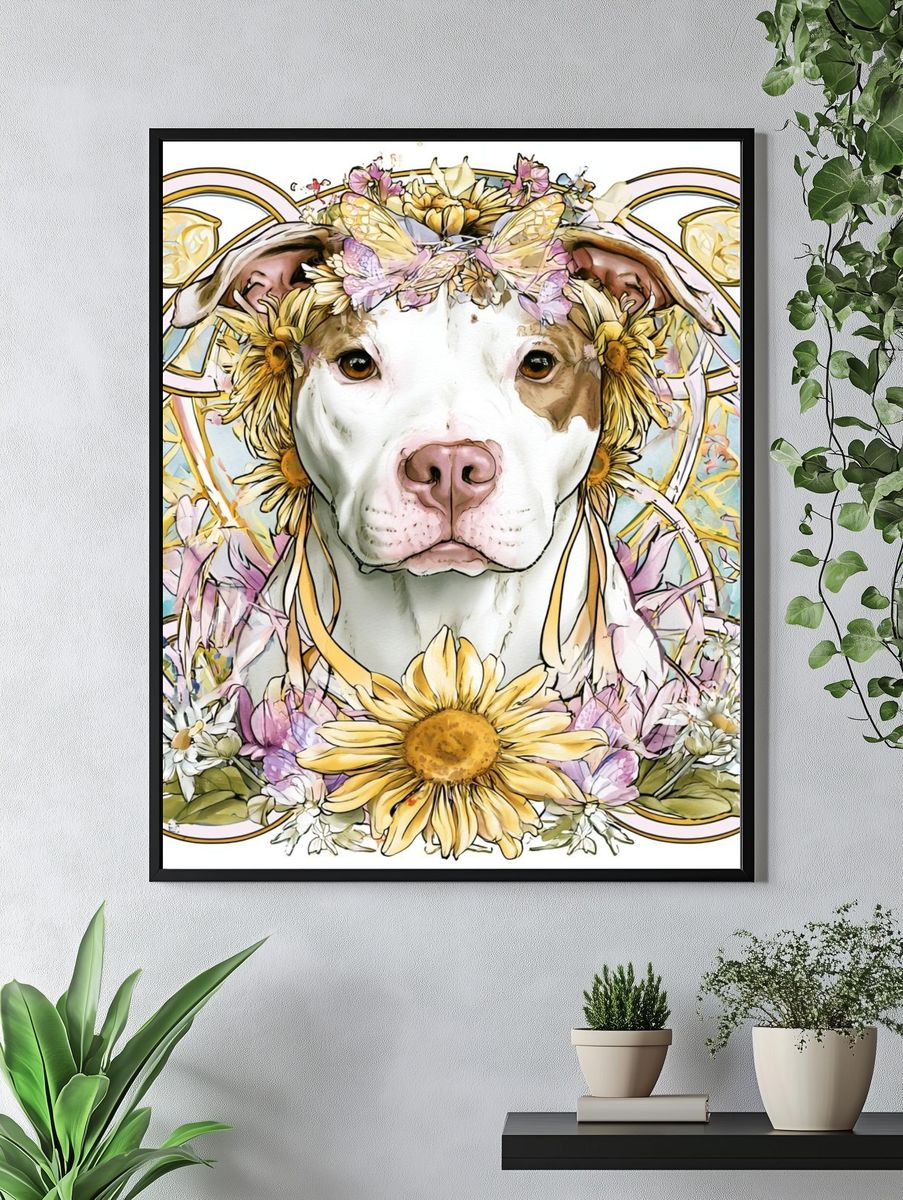 Floral Pit Bull Illustration Poster. — room view 4
