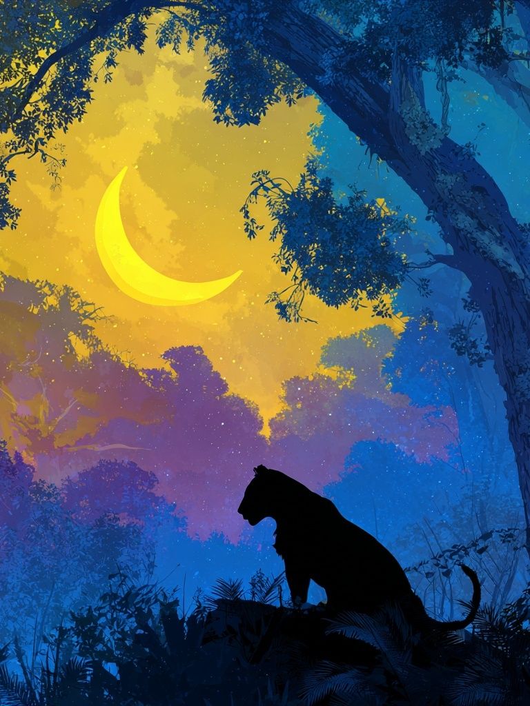 Moonlit Panther Jungle Illustration Poster. poster — animals art
