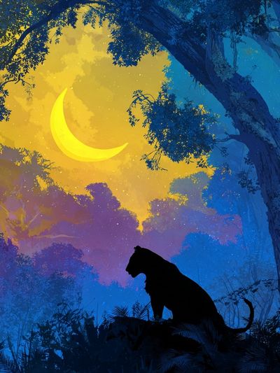 Moonlit Panther Jungle Illustration Poster. poster