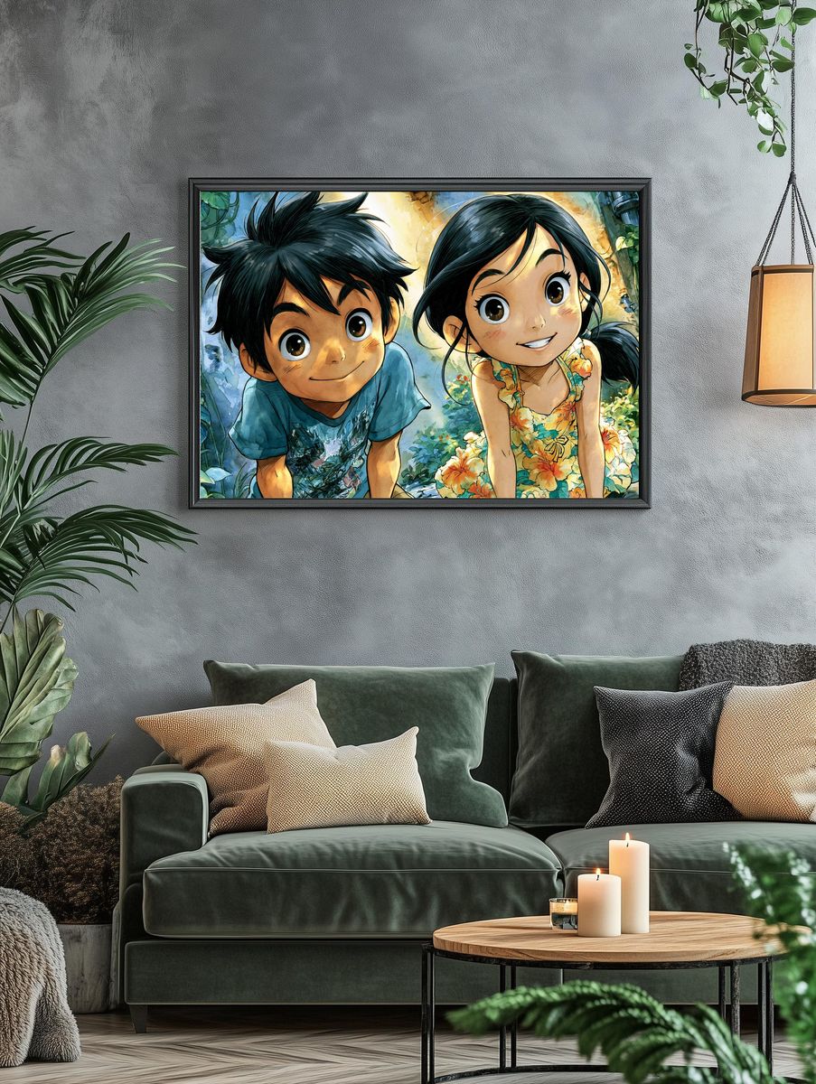 Whimsical Children in Garden Illustration Poster. — room view 4