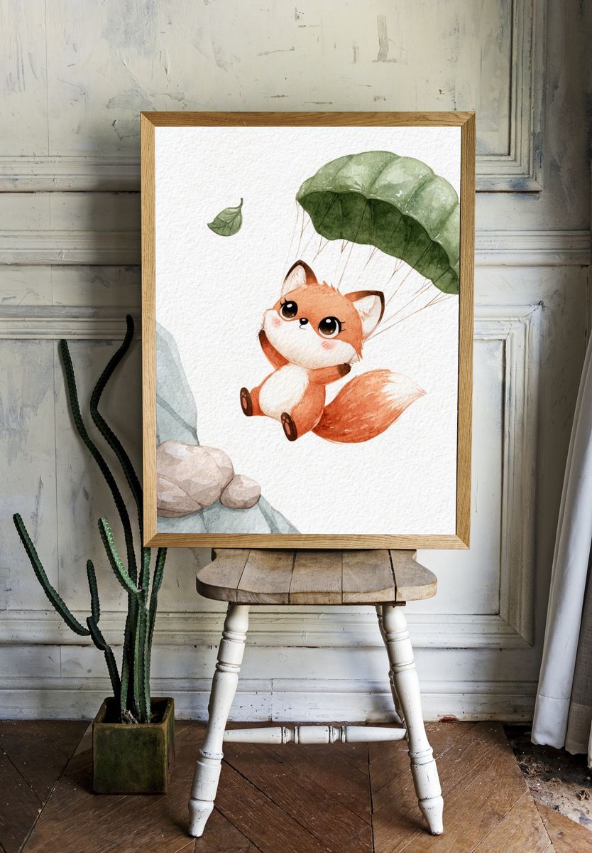 Parachuting Fox Watercolor Print. — room view 1