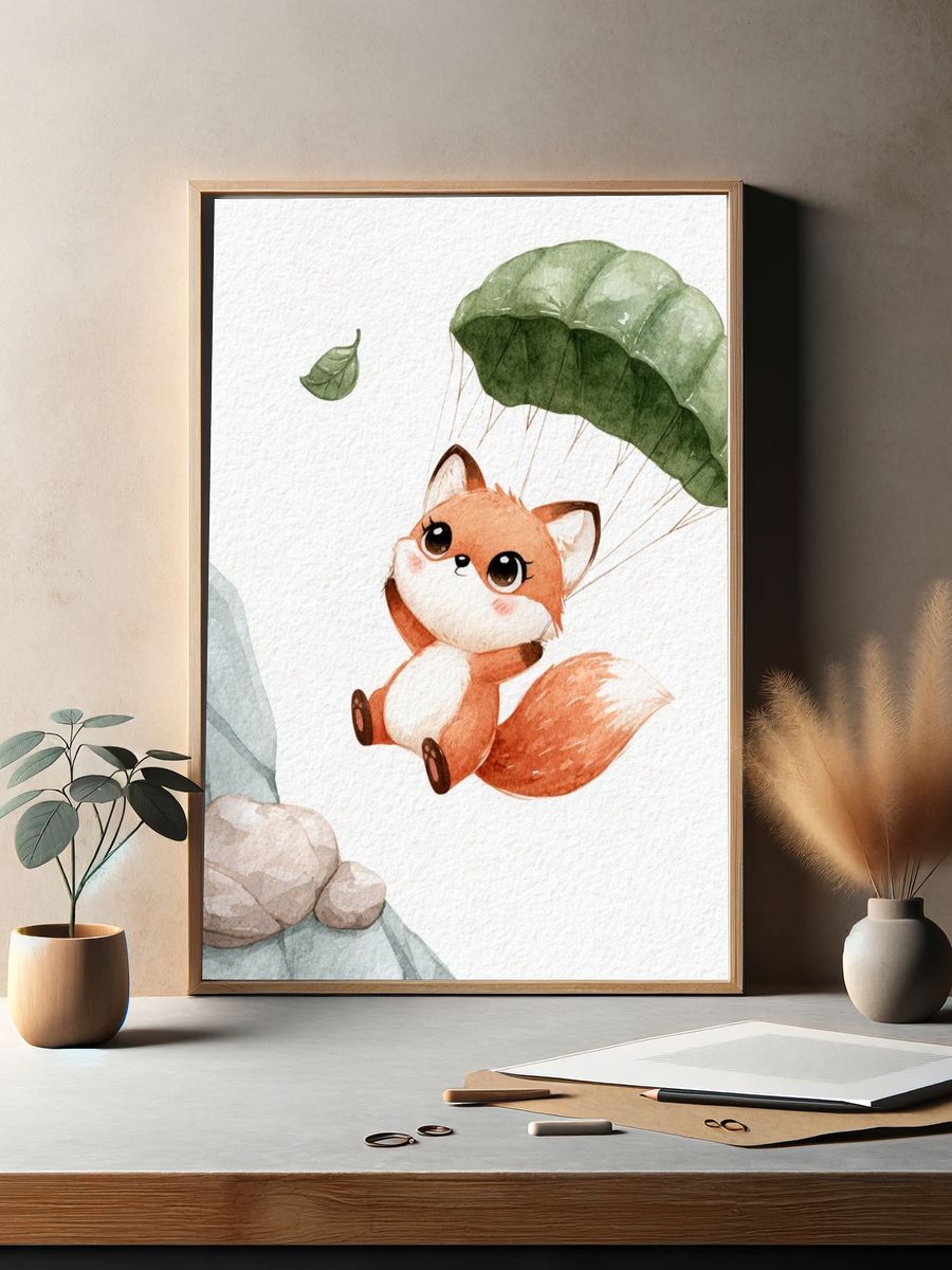 Parachuting Fox Watercolor Print. — room view 2